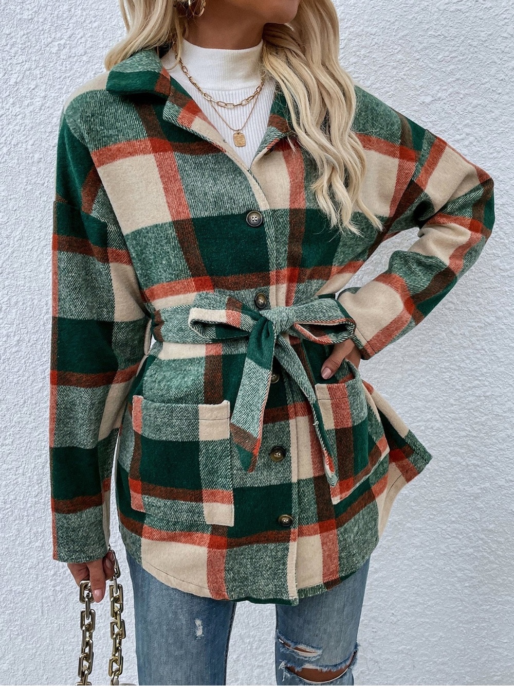 Papillon Green Plaid Flannel Fall Jacket Coat Shacket Belt Pockets size Small